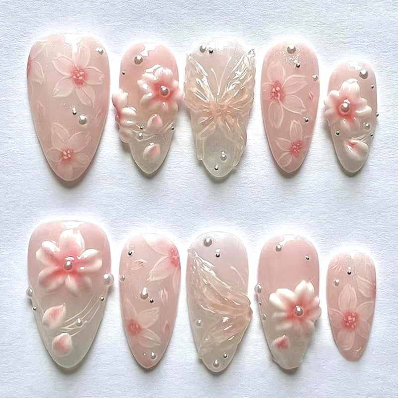 CJDLTS Pink Flower Press on Nails Medium Almond Shaped Artificial Acrylic Nails Gradient 3D Floral with Pearl Design Stick on Nails Full Cover Reusable Coffin Artificial Fingernails for Women Manicure - Image 1